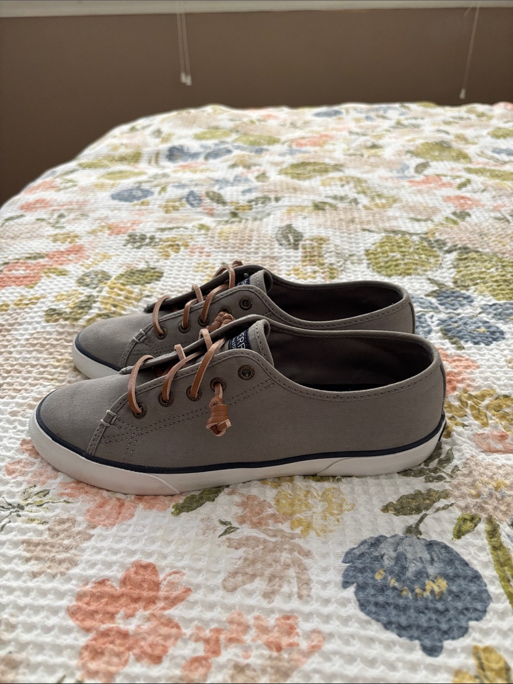 Sperry Gray Canvas Kids Sneakers with Brown Laces
